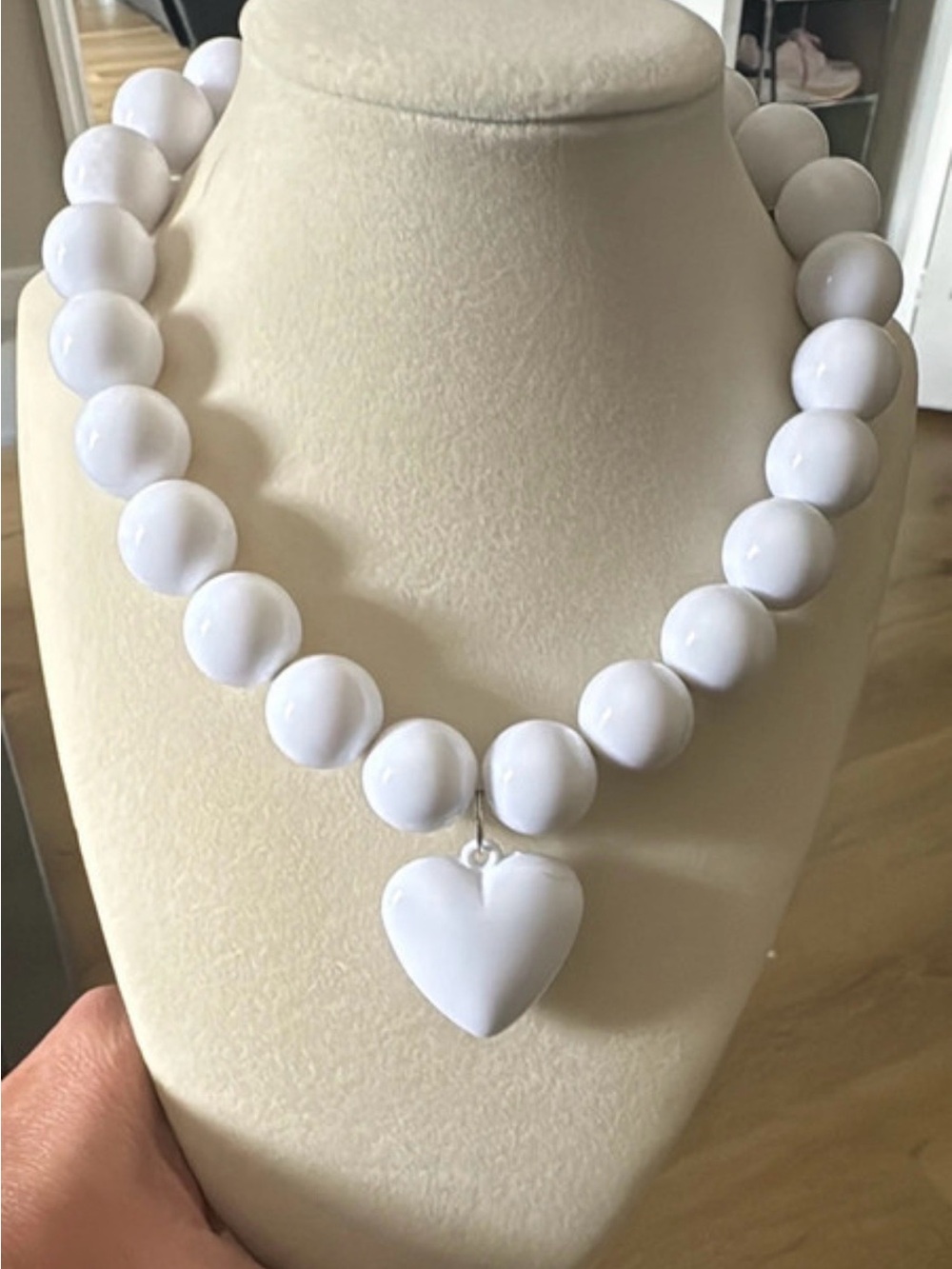 White Beaded Heart Pendant Necklace - Women Jewelry